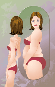 skinny woman looking at herself in a mirror