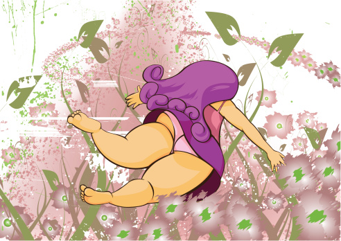 cartoon of a round girl flying in tall grass