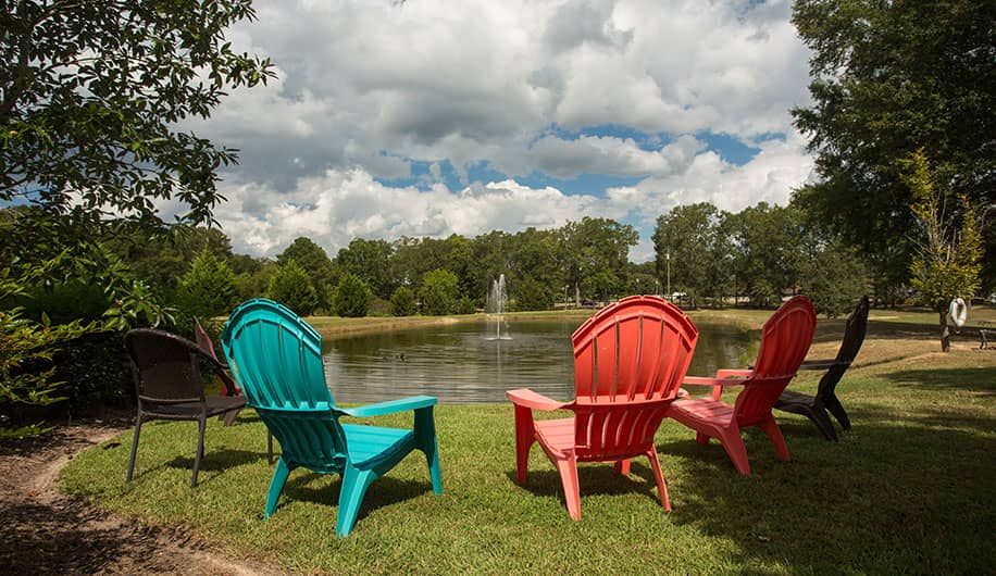 Chairs next to pond